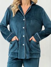 Піжама велюрова жіноча (штани та сорочка) з кантом, кольору темної морської хвилі, розмір M