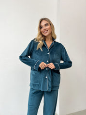 Піжама велюрова жіноча (штани та сорочка) з кантом, кольору темної морської хвилі, розмір M