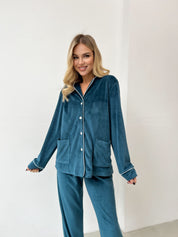 Піжама велюрова жіноча (штани та сорочка) з кантом, кольору темної морської хвилі, розмір M
