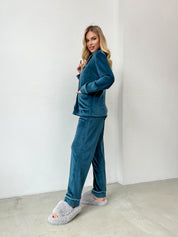 Піжама велюрова жіноча (штани та сорочка) з кантом, кольору темної морської хвилі, розмір M